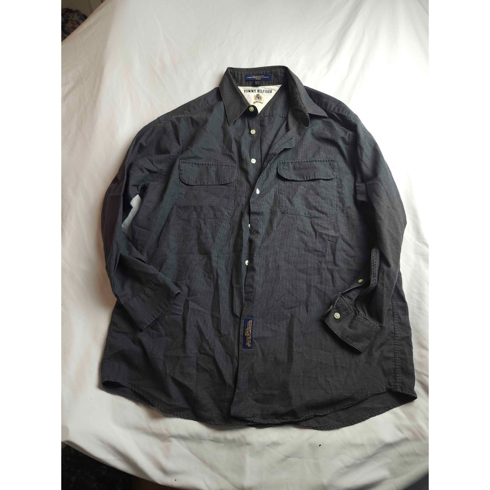 Tommy Hilfiger Dress Shirt Men Size 16.5-32/33 Gray Houndstooth Button Up Office